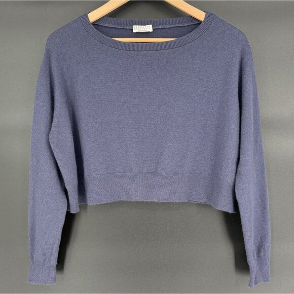Brunello Cucinelli Women's Cropped 100% Cashmere Sweater M Blue Italy Old Money - Picture 1 of 11